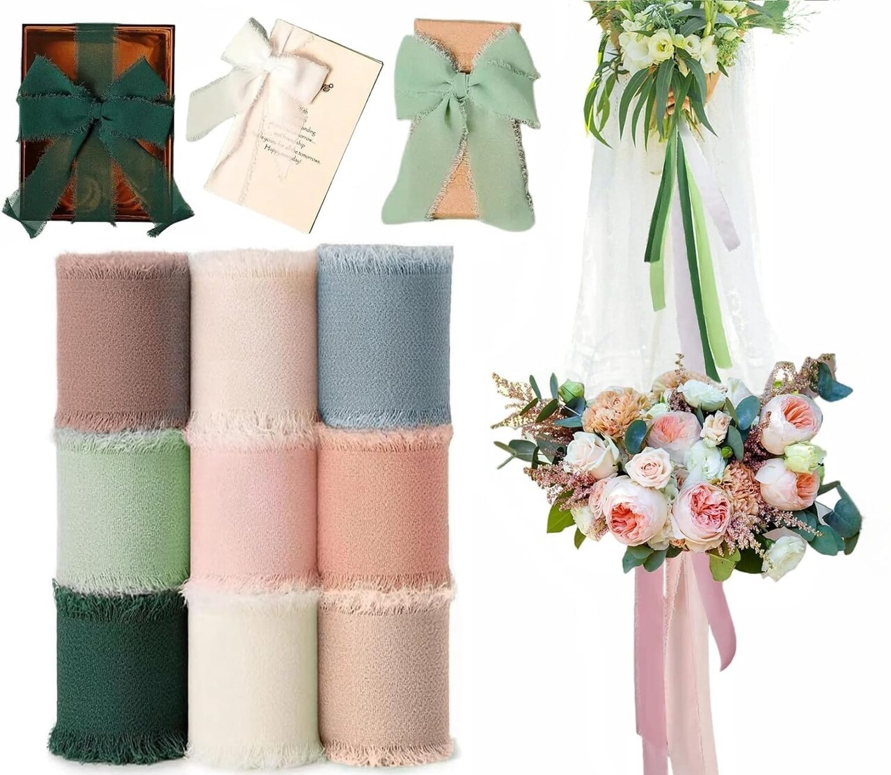 9 Roll 1.5In Wide 22Yd Multicolor Chiffon Ribbon Fringe Silk Ribbon Frayed Edges Ribbon for Christmas Wedding Party Decor, Bridal Bouquet, Gift Wrapping, DIY Crafts (9 Roll*2.4Yd)